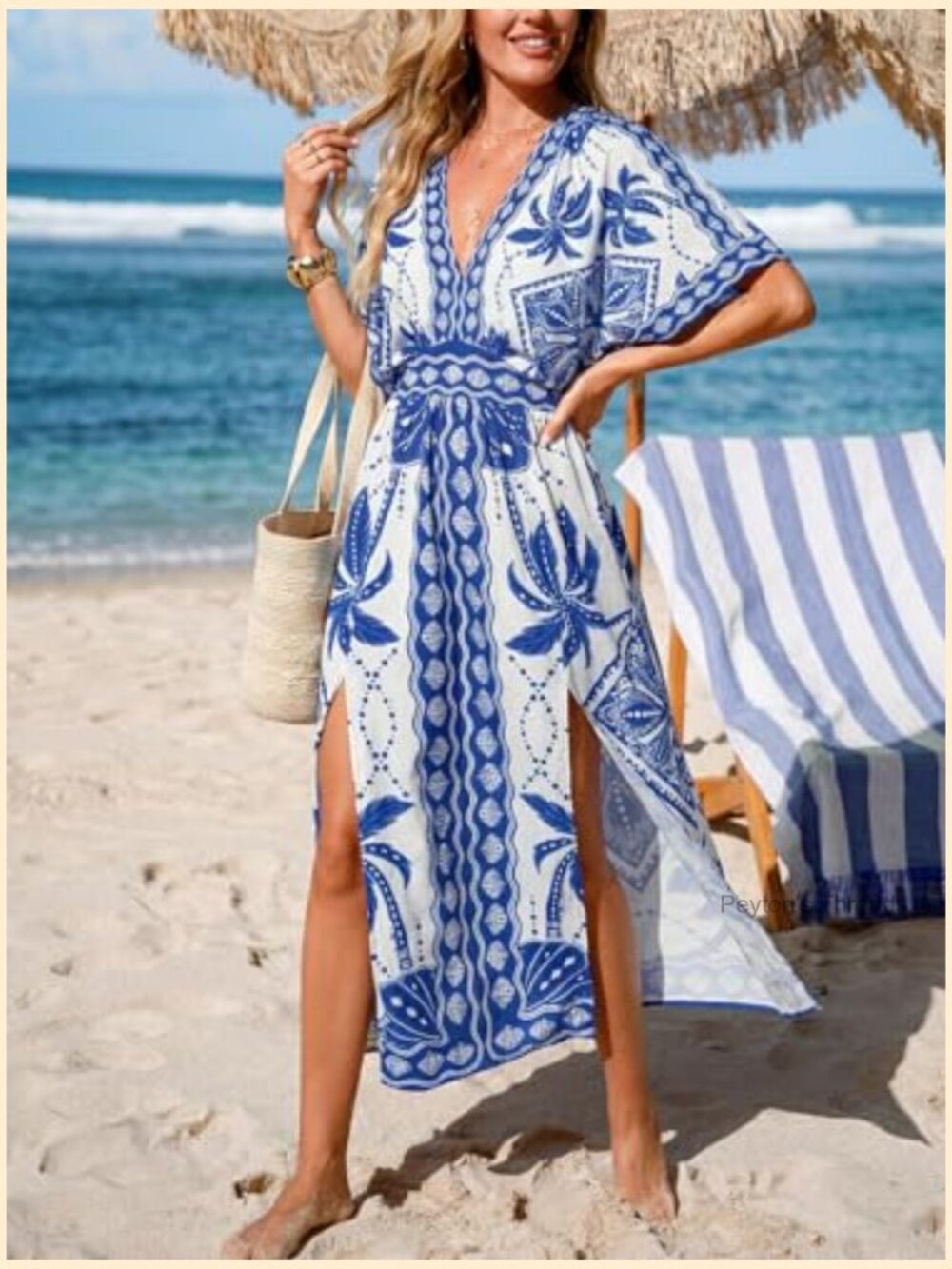 Tropical Floral Maxi Dress with Pockets V Neck Short Sleeve Smocked Slit Dress - Picture 5 of 7